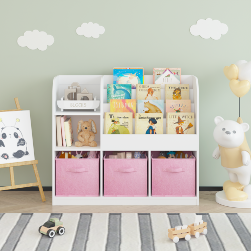 Kids Bookshelf and Toy Storage Organizer, Multifunctional 4 Tier Wooden Kids Book Shelf with Bookcase Display Stand in Kids Room Playroom Nursery for Kids, Children, Toddlers (White)、、casual