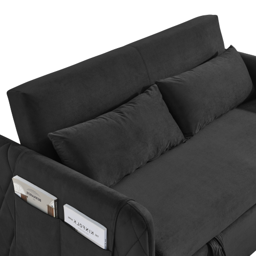 55" Modern Convertible Sofa Bed with 2 Detachable Arm Pockets, Velvet Loveseat Sofa with Pull Out Bed, 2 Pillows and Living Room Adjustable Backrest, Grid Design Armrests、、casual