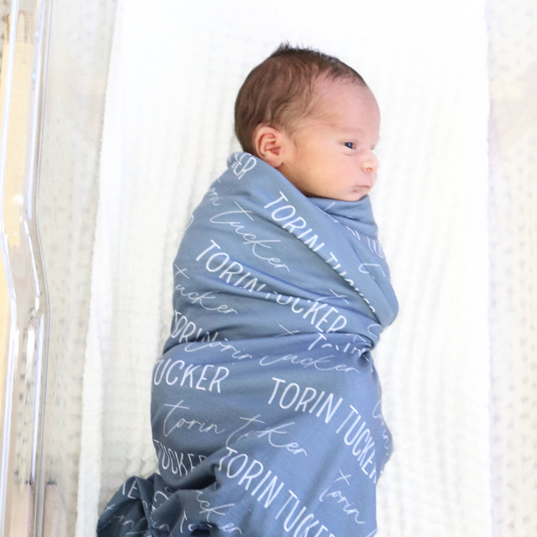  Personalized Dusty Blue Baby Name Swaddle Blanket - Block & Script、mySite、layawaytickets