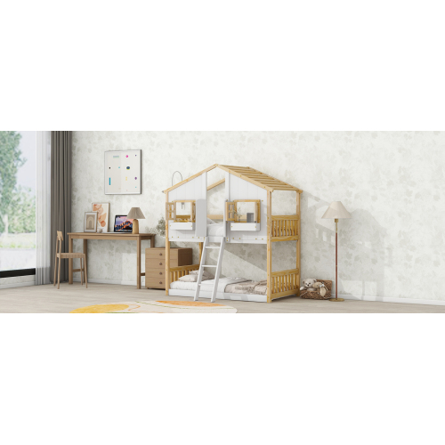 Twin over Twin House Bunk Bed with Roof , Window, Window Box, Door , with Safety Guardrails and Ladder,White、、casual