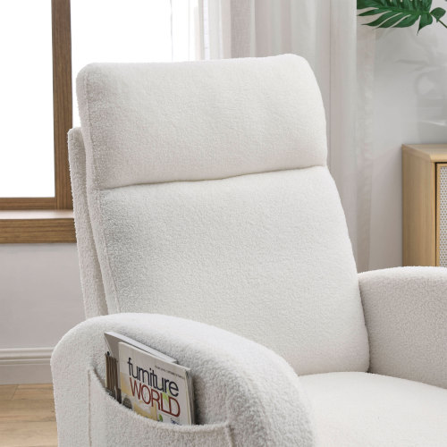 Video Welike 27.6"W Modern Accent High Backrest Living Room Lounge Arm Rocking Chair, Two Side Pocket ,Teddy White (Ivory)、、casual