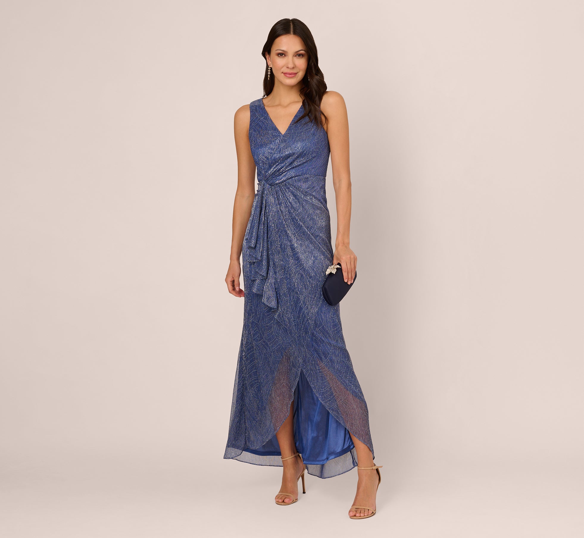 Metallic Mesh Faux Wrap Gown With Ruffle Accents In Light Navy、mySite、solidvoid