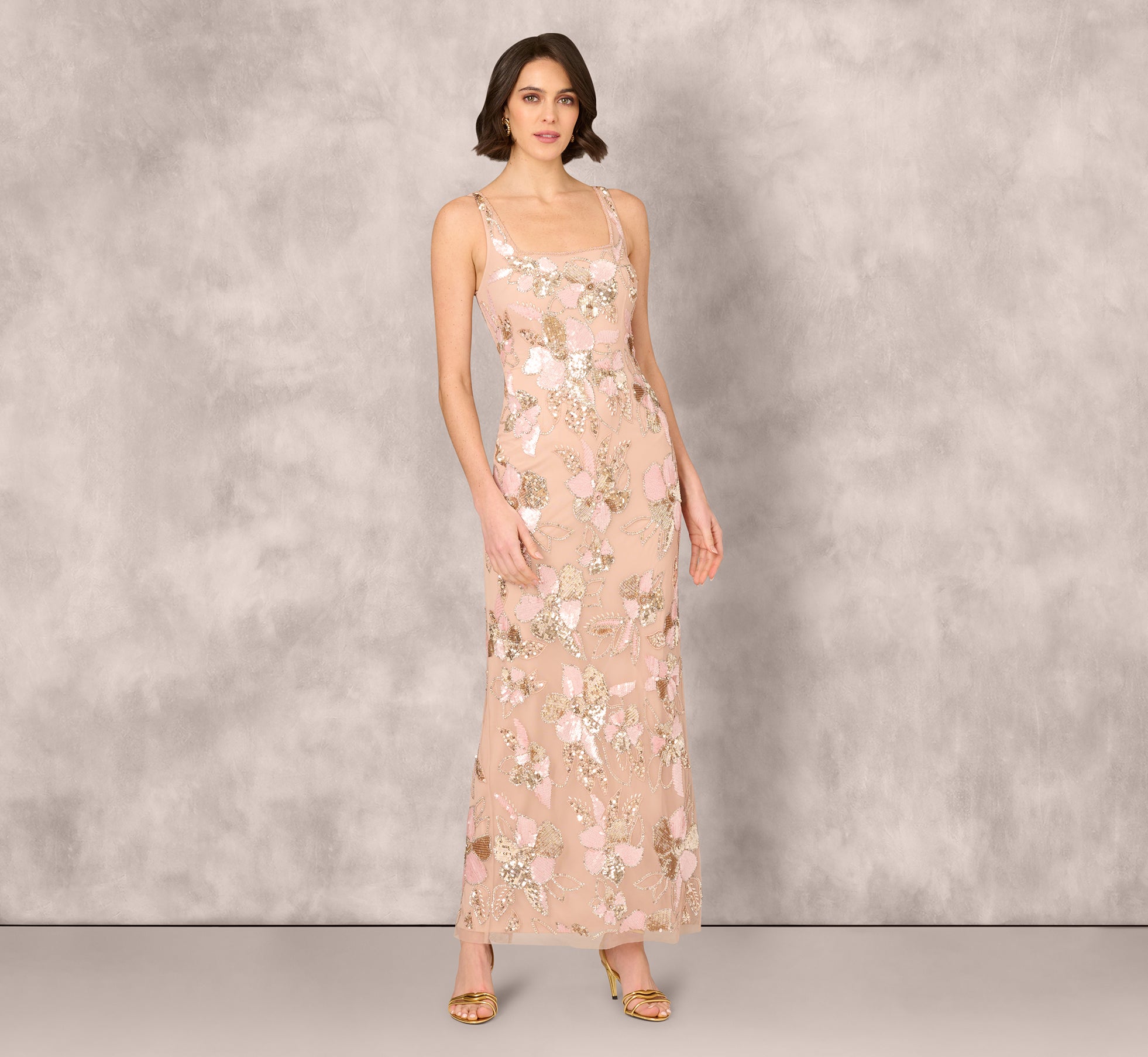 Sleeveless Square Neck Floral Beaded Column Gown In Pink、mySite、solidvoid