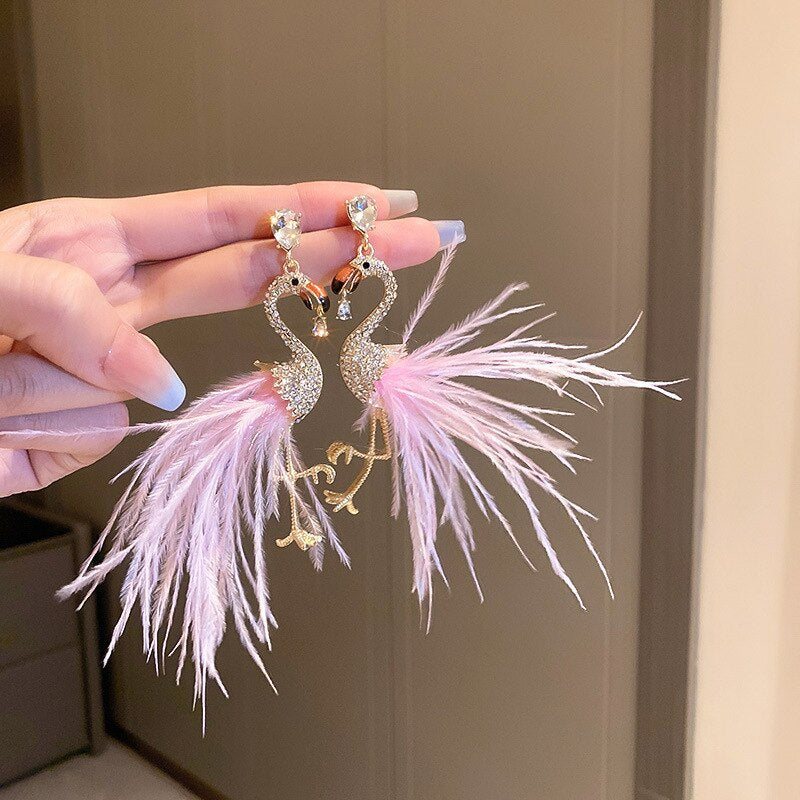  Pink Feather Flamingo Long Drop Earrings、mySite、merchandisen