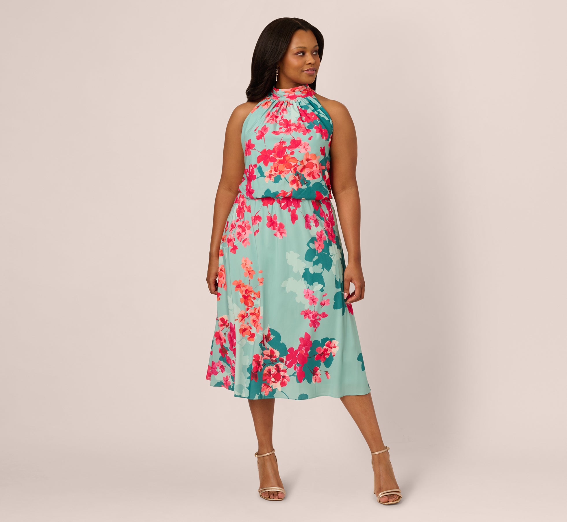 Plus Size Floral Chiffon Midi Halter Dress In Turquoise Multi、mySite、solidvoid