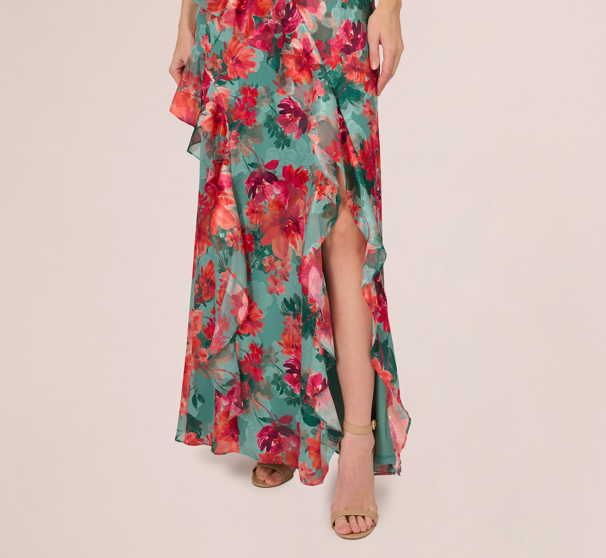 Floral Printed Halter Mermaid Gown With Ruffle Details In Turquoise Multi、mySite、solidvoid