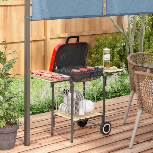 Outsunny 17" Portable Charcoal Grill with Wheels, 2 Side Tables and Bottom Shelf, BBQ with Adjustable Vents on Lid for Picnic, Camping, Backyard, Cooking, Red、、eastwooduniform