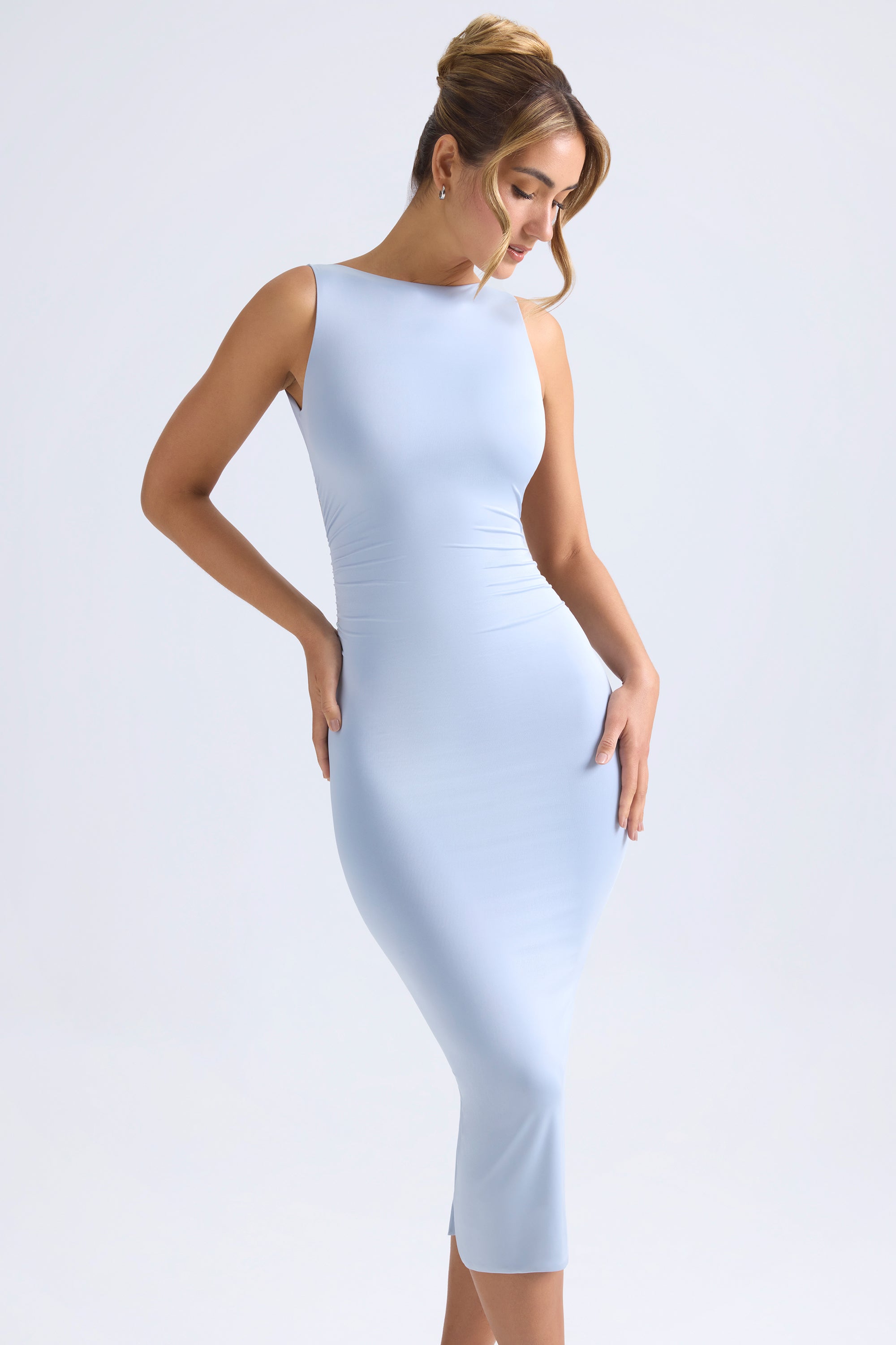 Ruched Open-Back Midaxi Dress in Light Blue、mySite、solidvoid