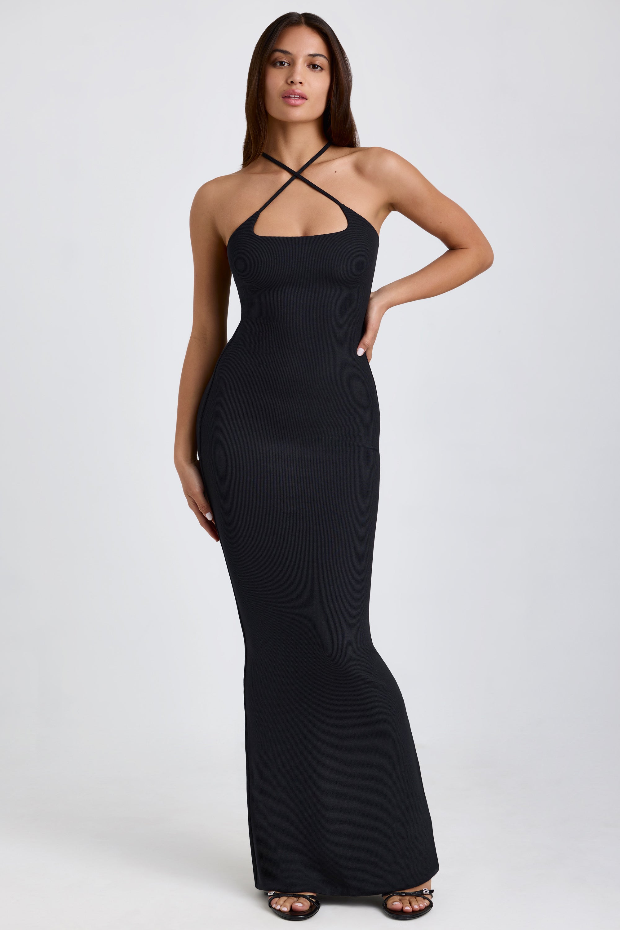 Ribbed Modal Halterneck Maxi Dress in Black、mySite、solidvoid
