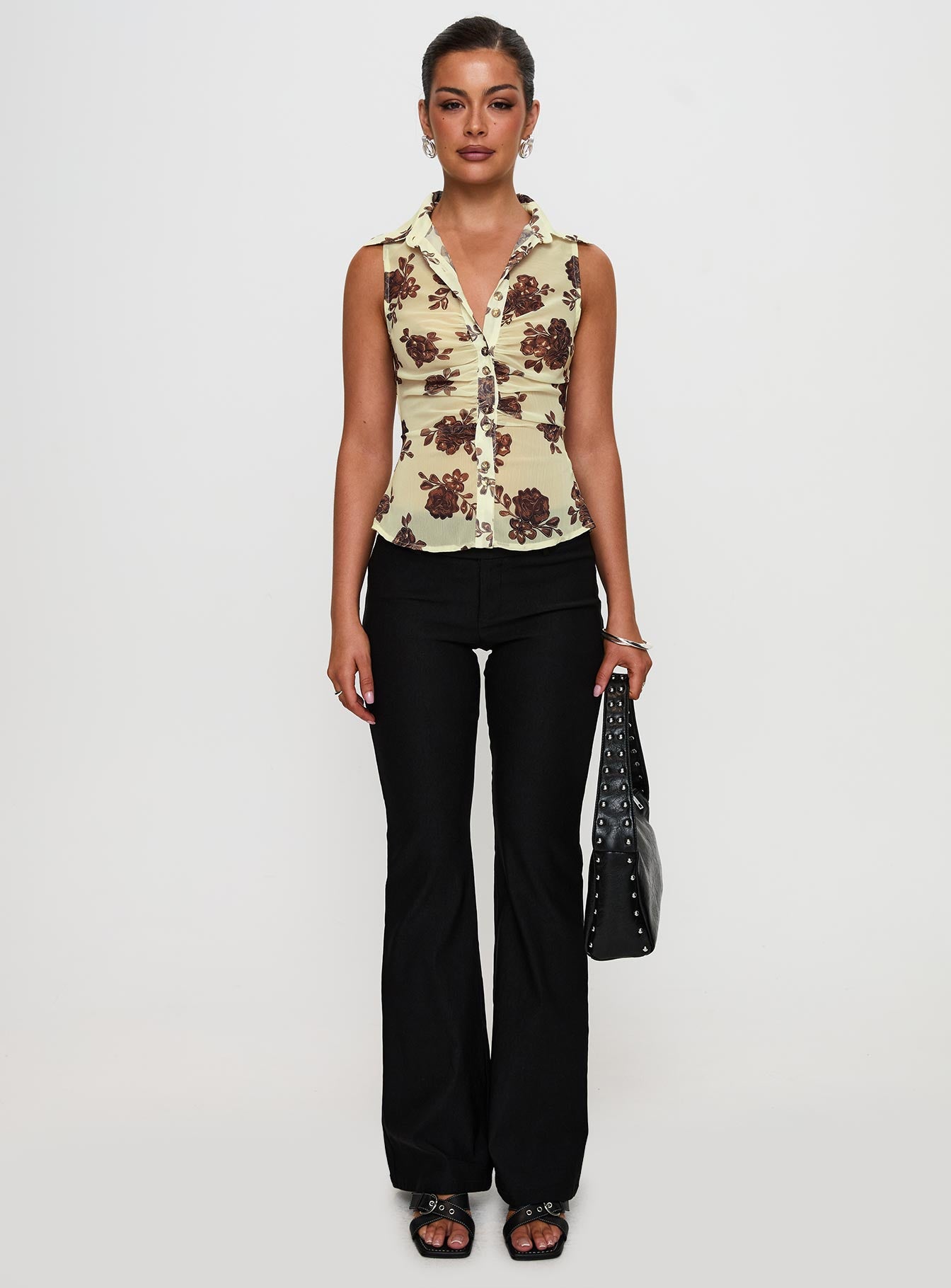 Present Tense Sheer Ruched Top Yellow Floral、mySite、solidvoid