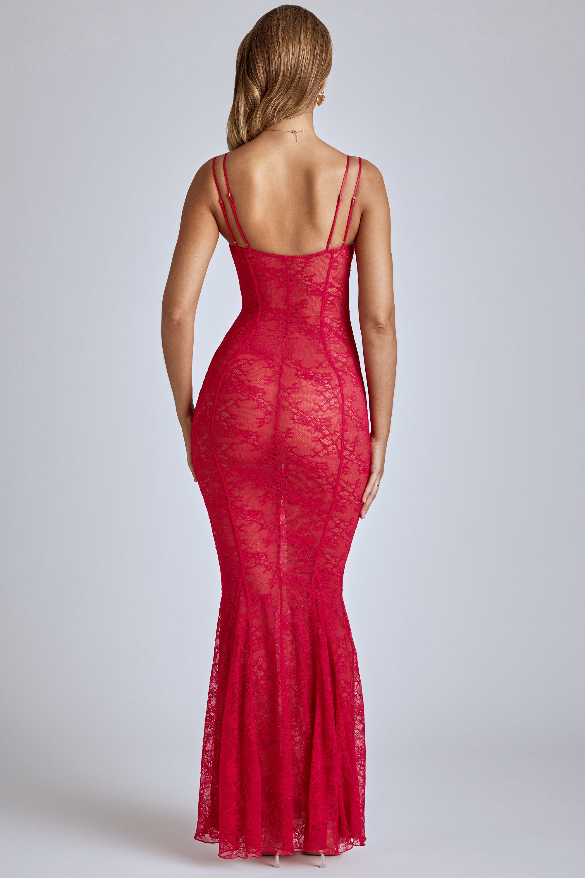 Sheer Lace Fishtail Gown in Cherry Red、mySite、solidvoid