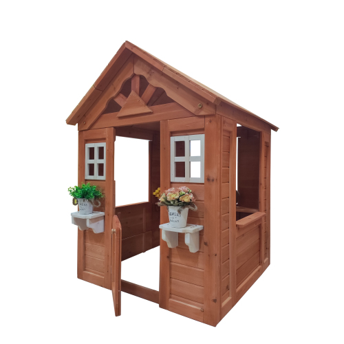All Wooden Kids Playhouse with 2 windows and flowerpot holder,42"Lx46"Wx55"H,Golden Red、、casual