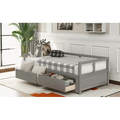 Wooden Daybed with Trundle Bed and Two Storage Drawers , Extendable Bed Daybed,Sofa Bed for Bedroom Living Room,White、、casual