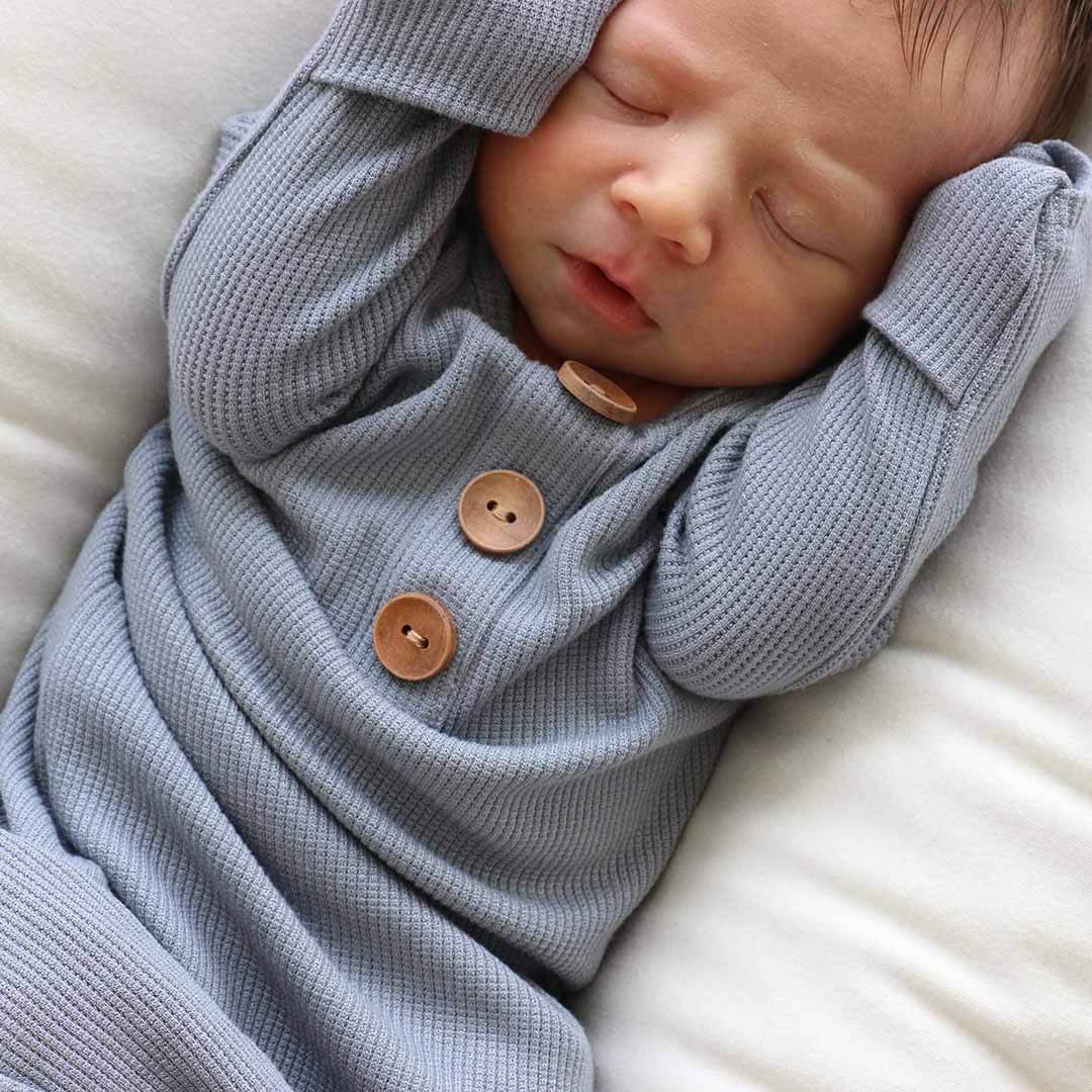  Dusty Denim Bamboo Waffle Newborn Baby Knot Gown & Hat Set、mySite、layawaytickets