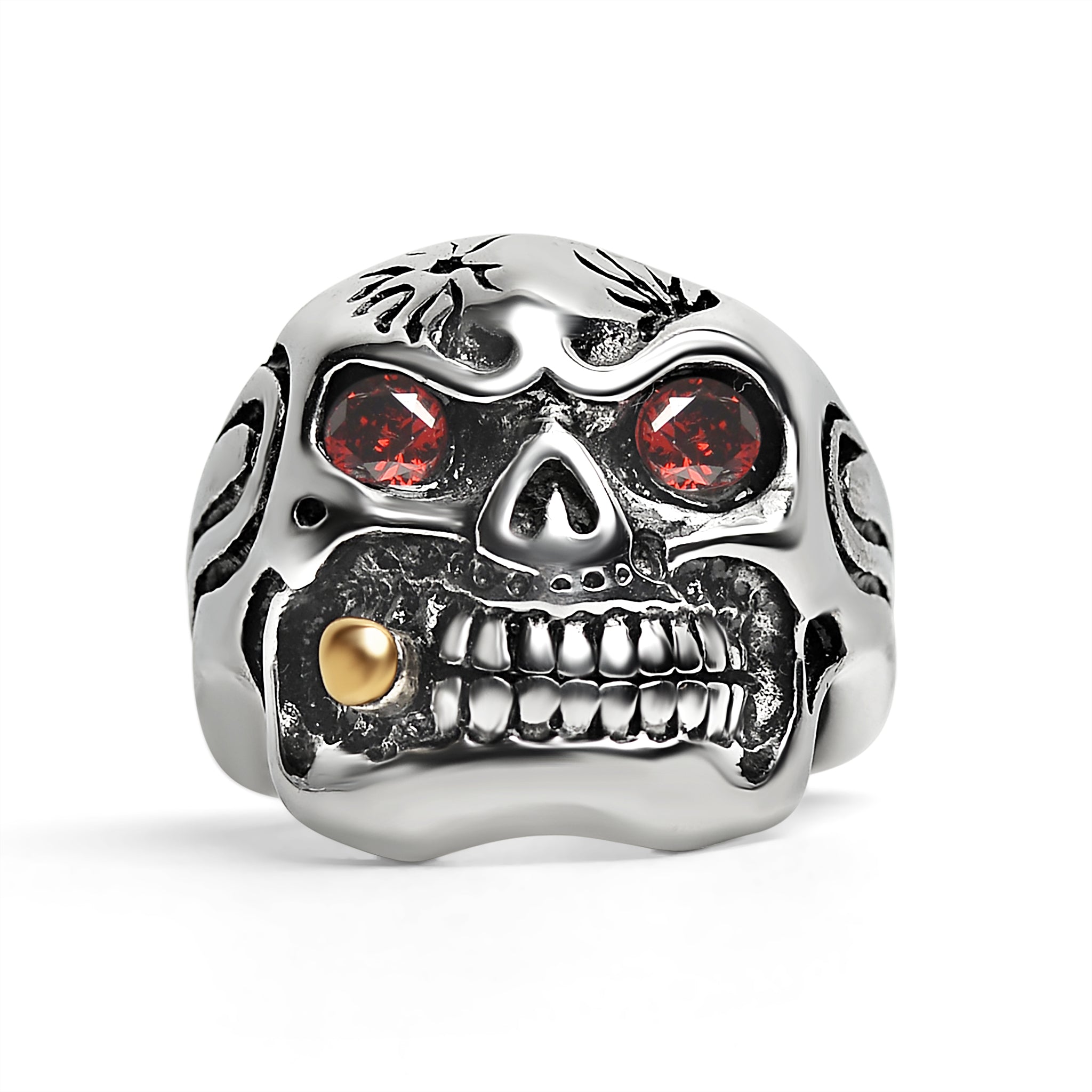 Stainless Steel Bullet Cigar Smoking Red CZ Eyed Skull Ring / SCR3074、mySite、dreamappss