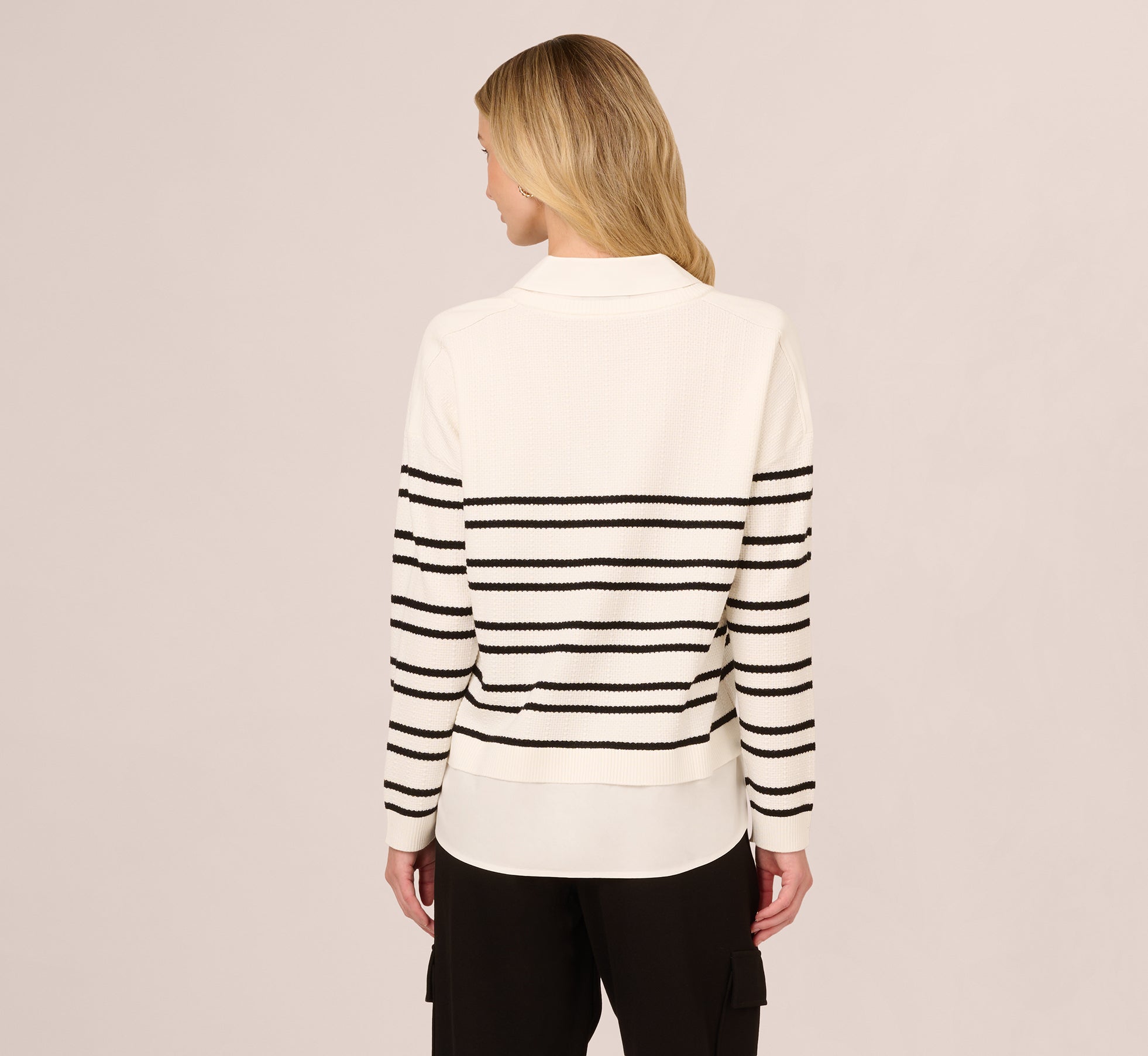 Long Sleeve Stripe Collared Twofer Sweater In Ivory Black W Ivory、mySite、solidvoid