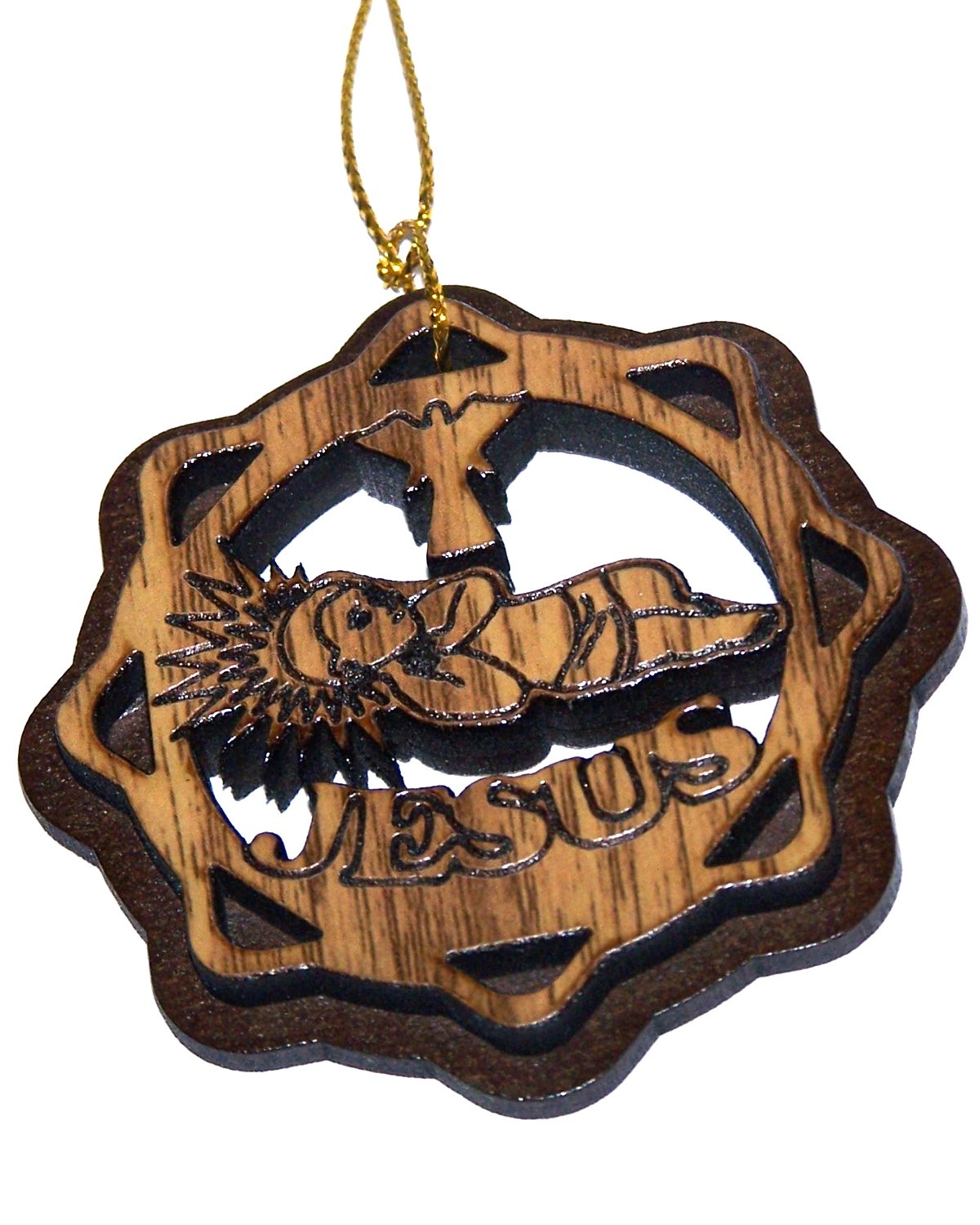 Holy Land Market Two Layers Mahogany with Olive Wood Baby Jesus in Cradle or Manger Ornament Gift Carved by Laser - Olive Wood (6.5 cm or 2.6 inch with Certificate) and Gold String、mySite、topwebapps