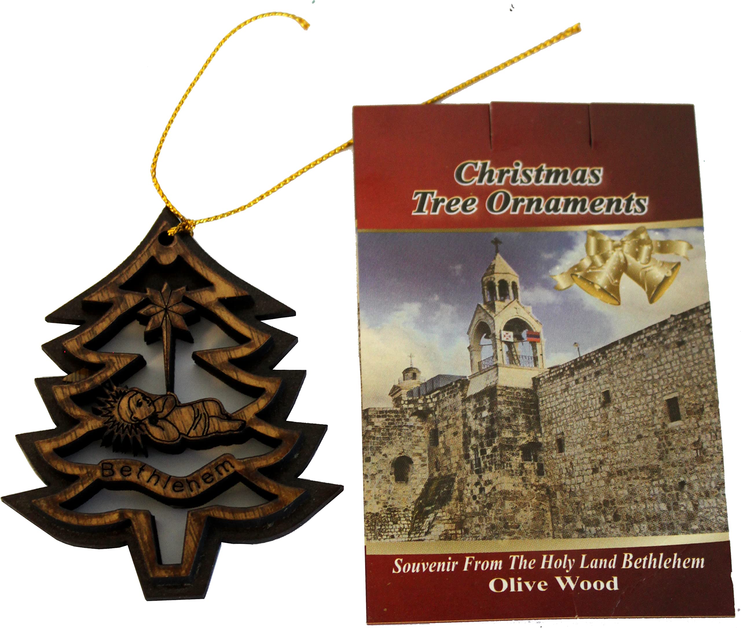  Holy Land Market Two Layers Mahogany with Olive Wood Christmas Tree and Baby Jesus in Cradle or Manger Ornament Gift Carved by Laser - Olive Wood (7.5 cm or 3 Inch with Certificate) and Gold String、mySite、elrpsem3k
