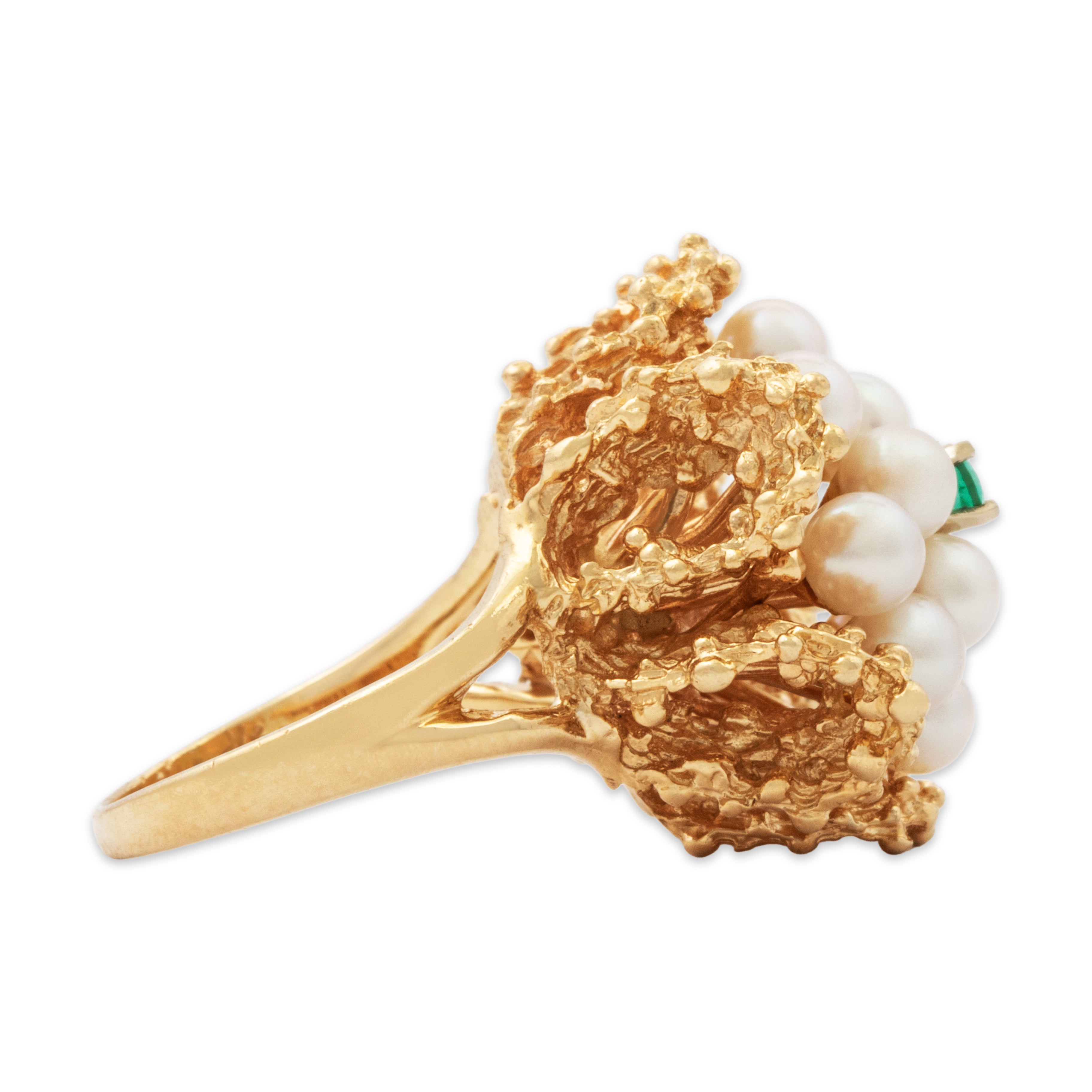 Vintage Heavy 14k Yellow Gold Pearl Emerald Lustrous Cocktail Ring 4.50、mySite、hinf8tx79