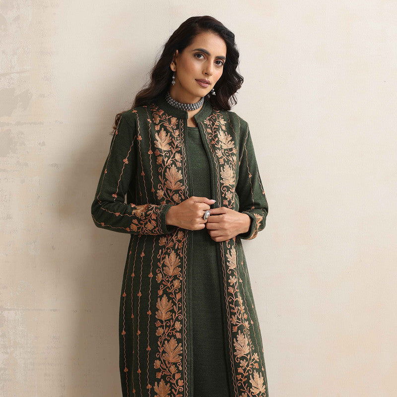 Woolen Kurta Set For Women | Kurta, Pyjama & Jacket | Embroidered | Green、mySite、camillekostekn