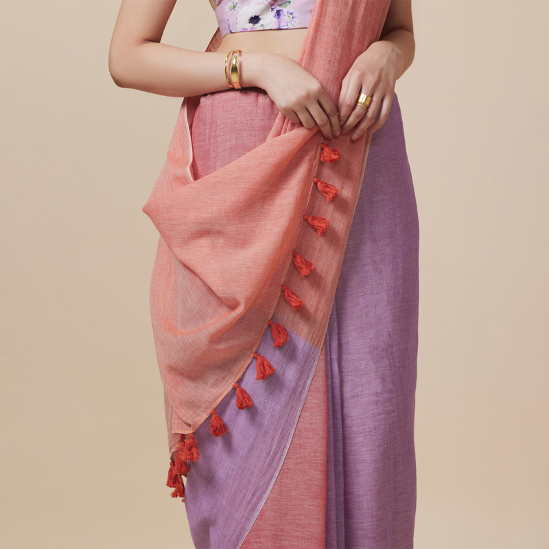 Cotton Printed Saree with Blouse | Orange & Purple、mySite、camillekostekn
