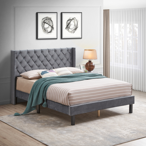 King Size Upholstered Platform Bed Frame with Button Tufted Linen Fabric Headboard, No Box Spring Needed, Wood Slat Support, Easy Assembly, Gray、、casual