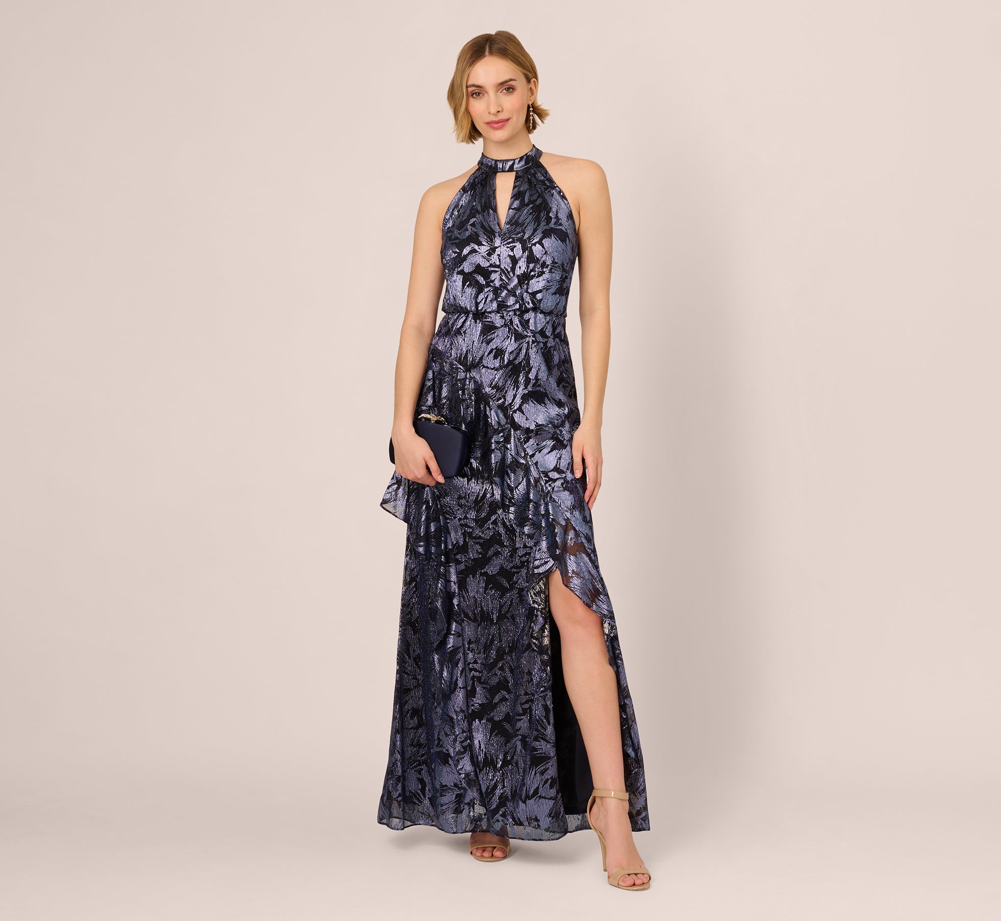 Crinkle Metallic Keyhole Halter Ruffle Gown In Navy、mySite、solidvoid