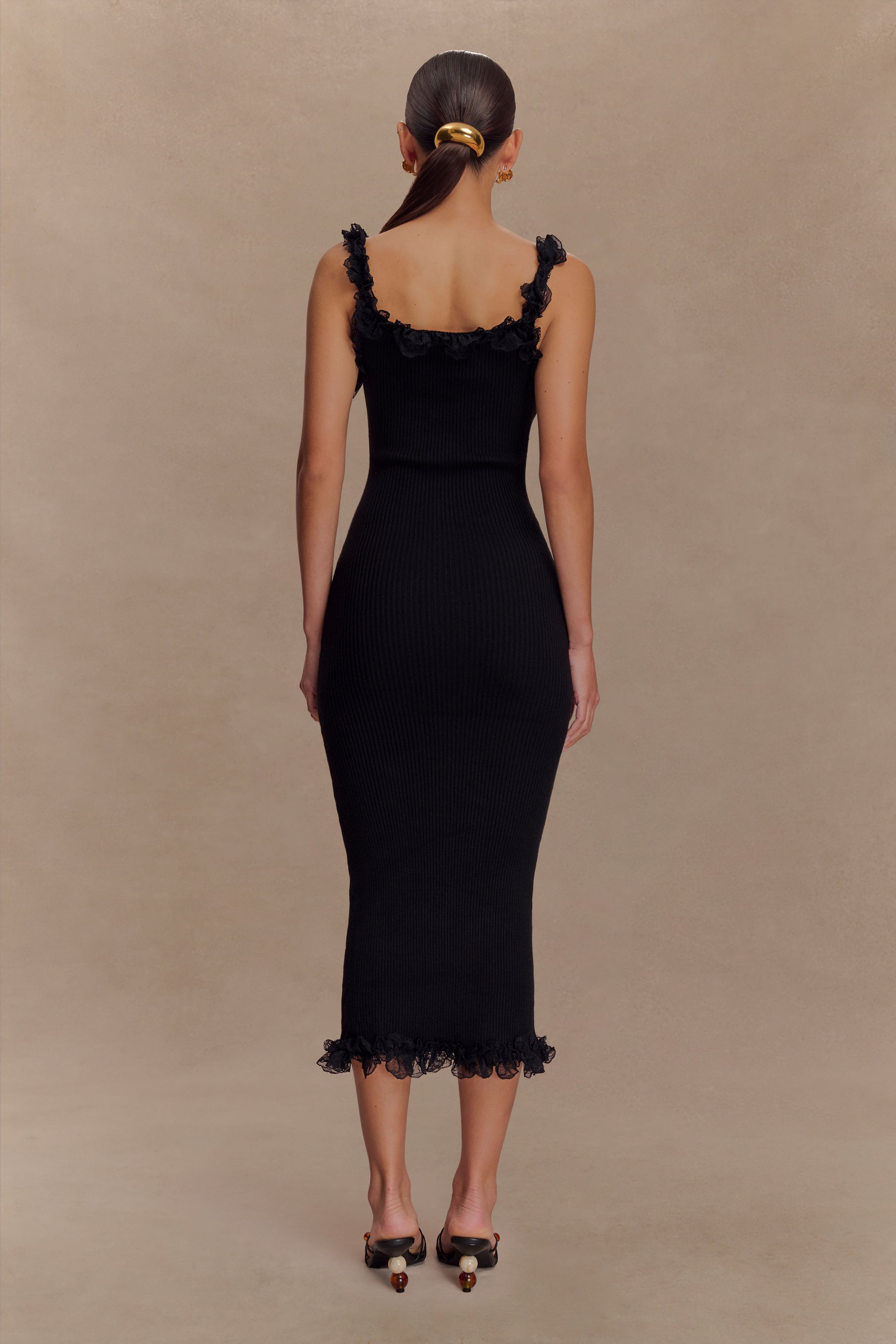 Shay Lace Ruffle Knit Midi Dress - Black、mySite、solidvoid