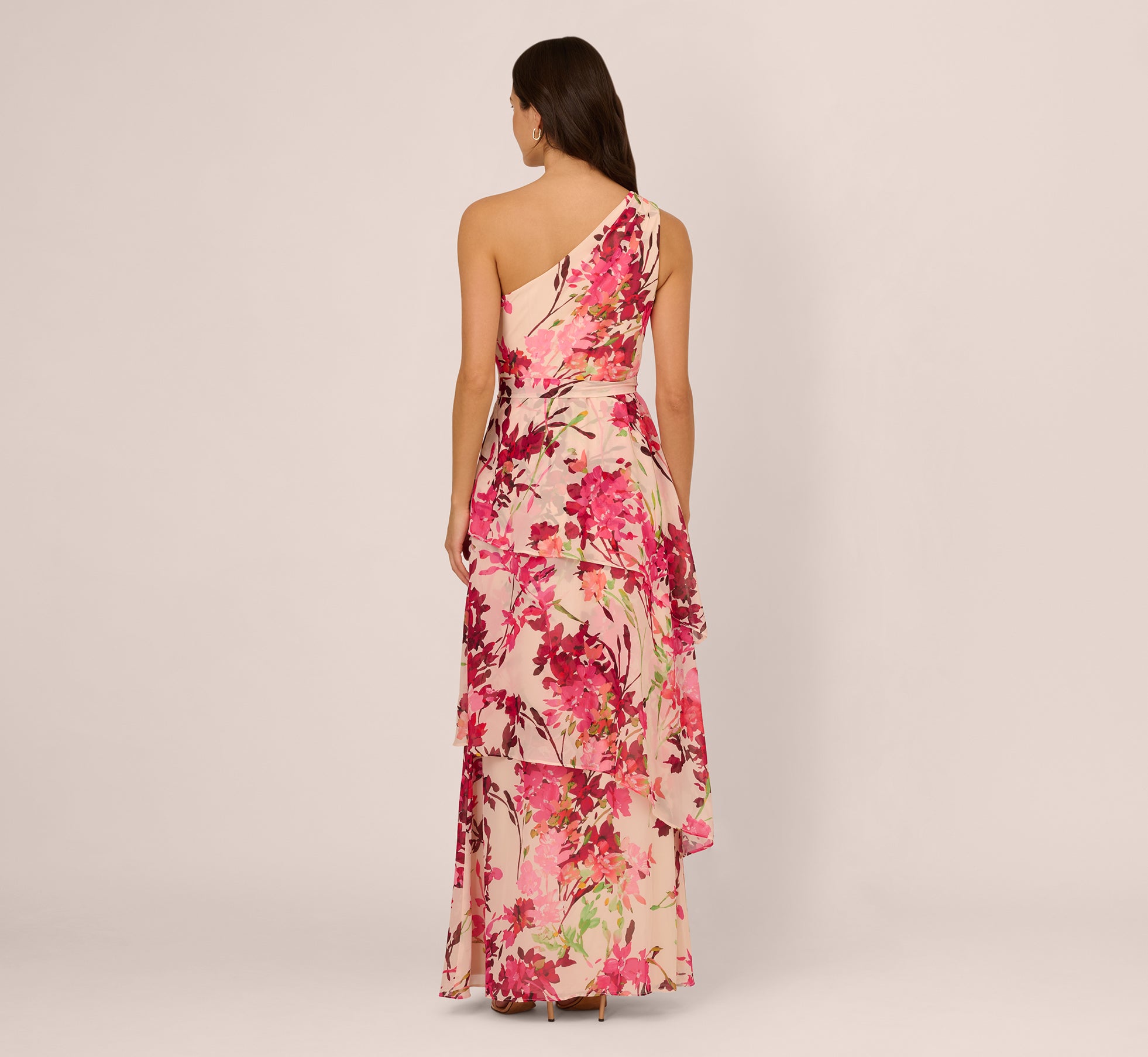 One Shoulder Floral Chiffon Tiered Gown In Alabaster Multi、mySite、solidvoid