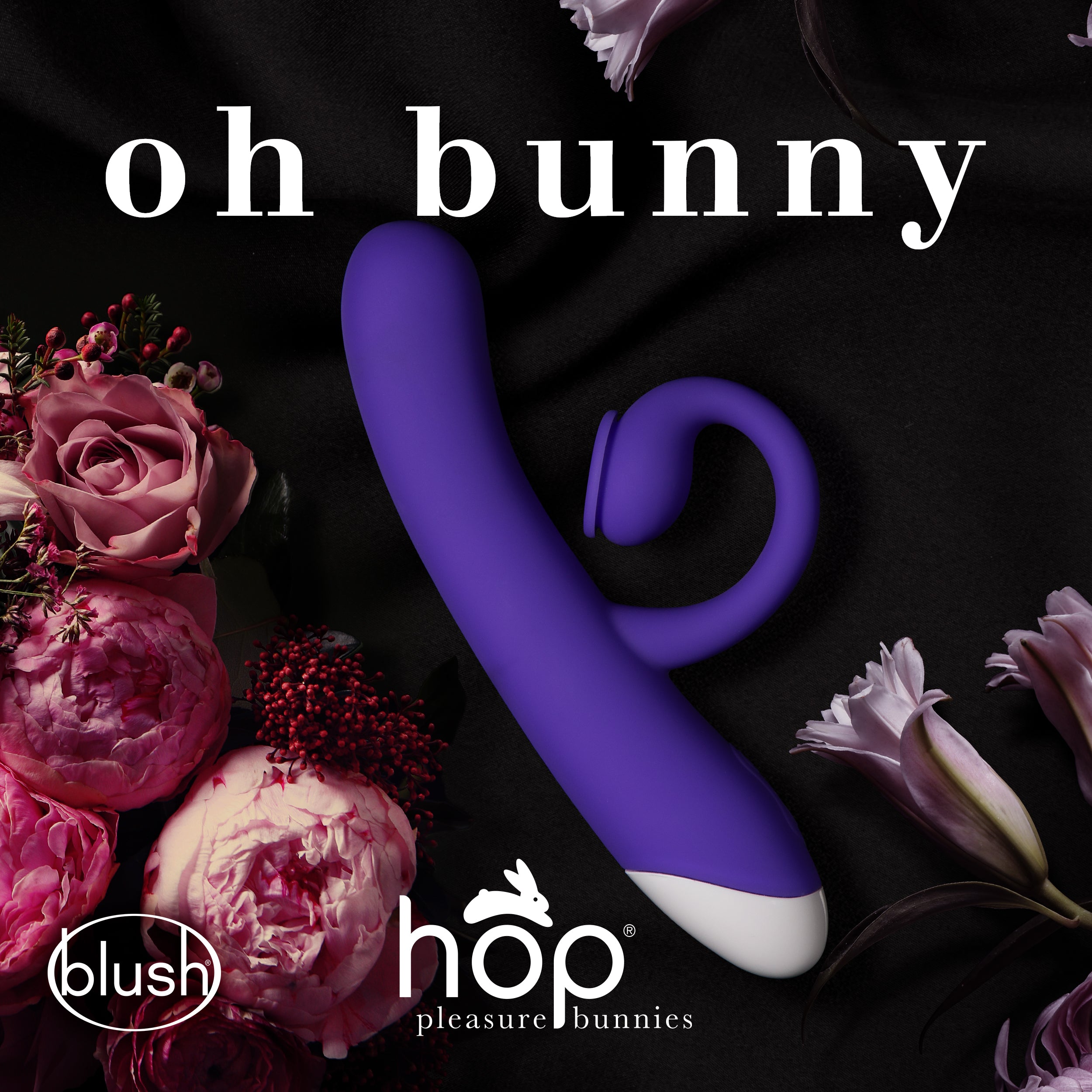Hop By Blush® | Oh Bunny G-Spot + Clitorial + Suction Stimulation Midnight 7.75-Inch Ultrasilk Silicone Rechargeable Rabbit Vibrator、mySite、bottomscart