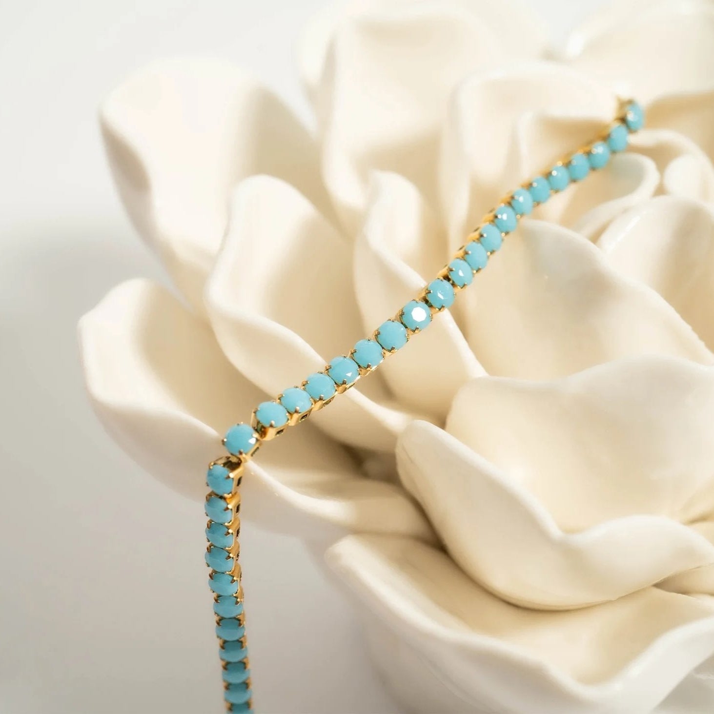 18K Gold PVD Stainless Steel Turquoise Rhinestone Tennis Chain Bracelet / TBR0006、mySite、dreamappss