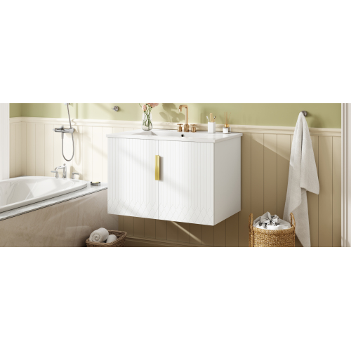 30" Vintage Bathroom Vanity with Ceramic Sink, with 3 Holes Single Ceramic Sink, Bathroom Storage Vanity Cabinet with 2 Soft Closing Doors、、xpatfood