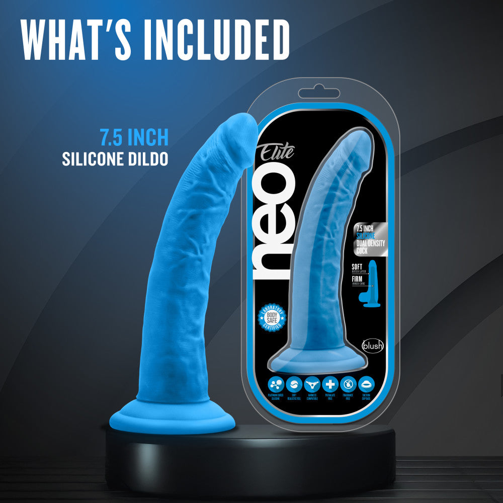Neo Elite By Blush® | Neon Blue: 7.5-Inch Long Dildo - Made with Purio™ Silicone & SensaFeel® Dual Density Realistic Technology、mySite、bottomscart