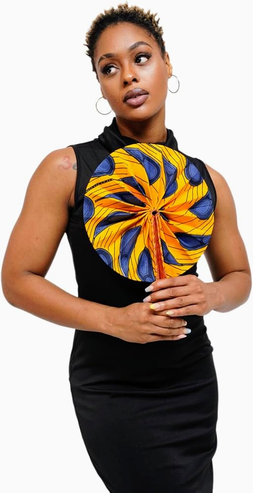 Dupsie's Khanita Foldable Orange and Blue Bulb/Peacock Patterned African Print Ankara Fan DPPF3816、mySite、solidvoid