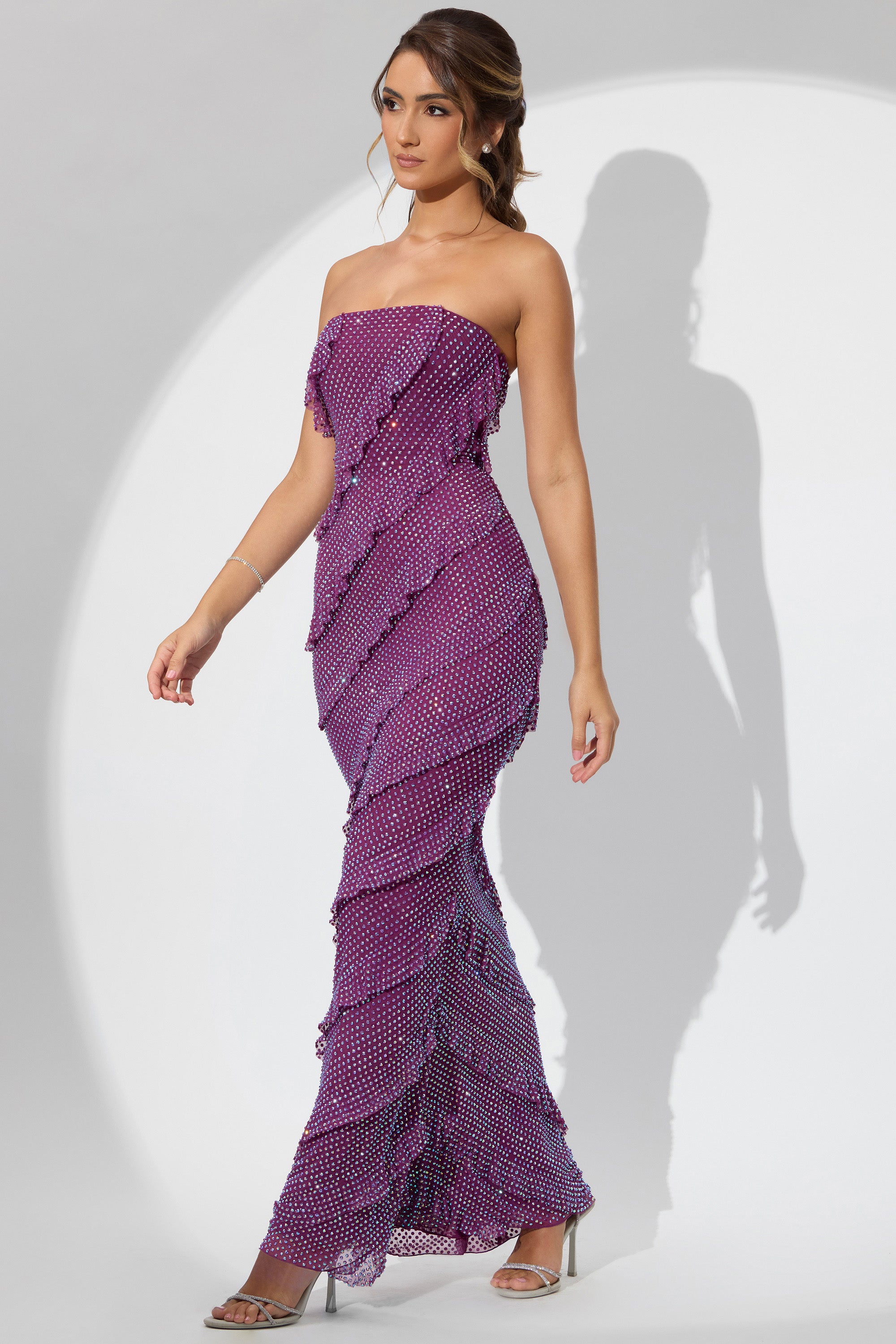 Embellished Strapless Ruffle Maxi Dress in Plum、mySite、solidvoid