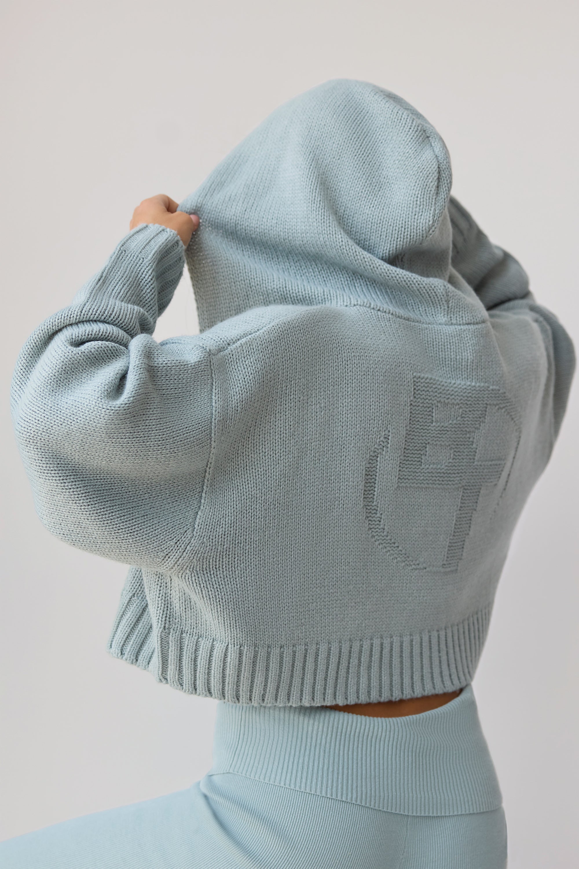 Cropped Zip-Up Chunky Knit Hoodie in Dusty Teal、mySite、solidvoid
