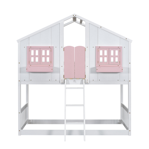 Twin over Twin House Bunk Bed with Roof , Window, Window Box, Door , with Safety Guardrails and Ladder,White、、casual