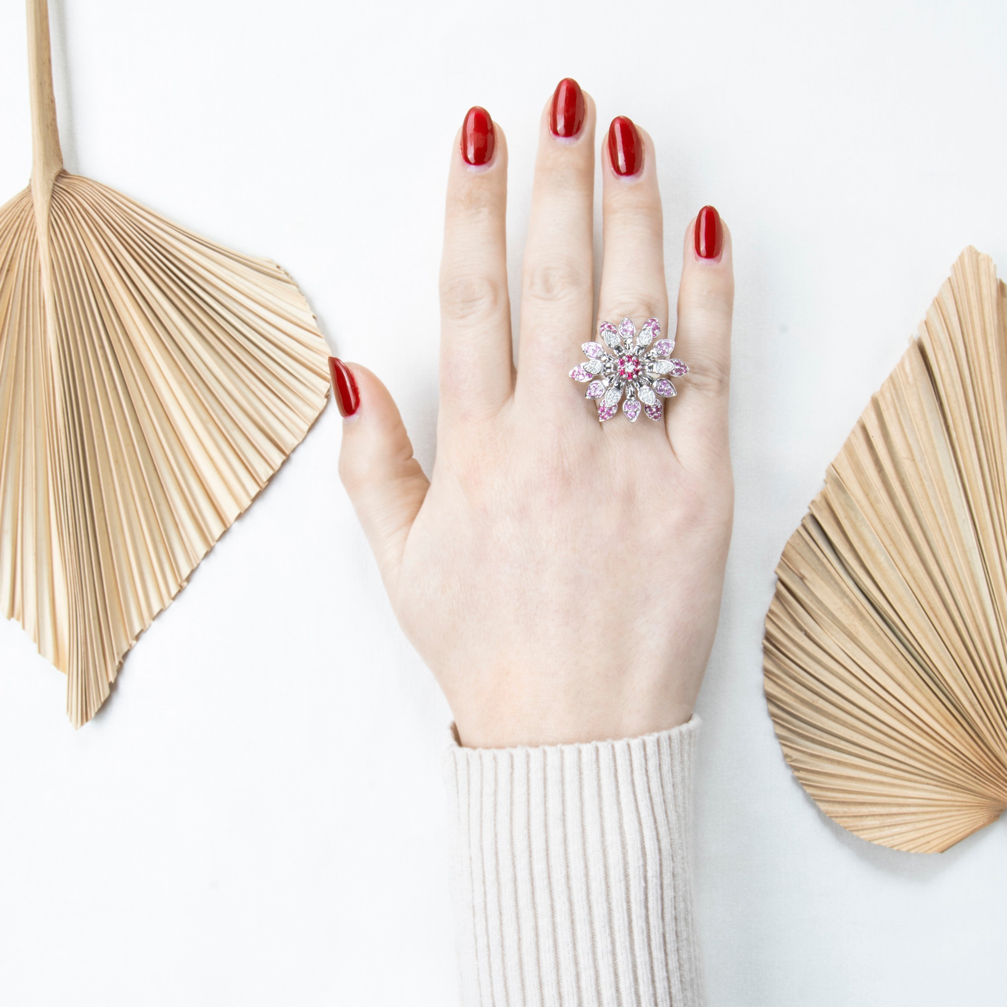 Vintage 18k White Gold Ruby 1.00cttw Pink Sapphire Spinning Flower Ring、mySite、hinf8tx79