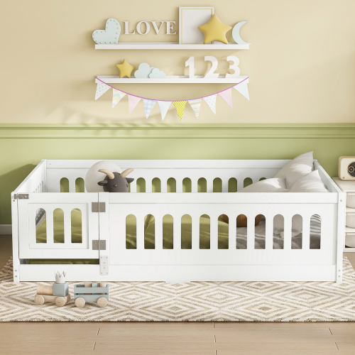 Twin Size Floor Bed with Heightened Safety Guardrails and Door, Solid Wood Bedframe with Rails for Girls, Boys, Teens, Child Bedroom, Kids Playroom, No Slats Included, White、、casual