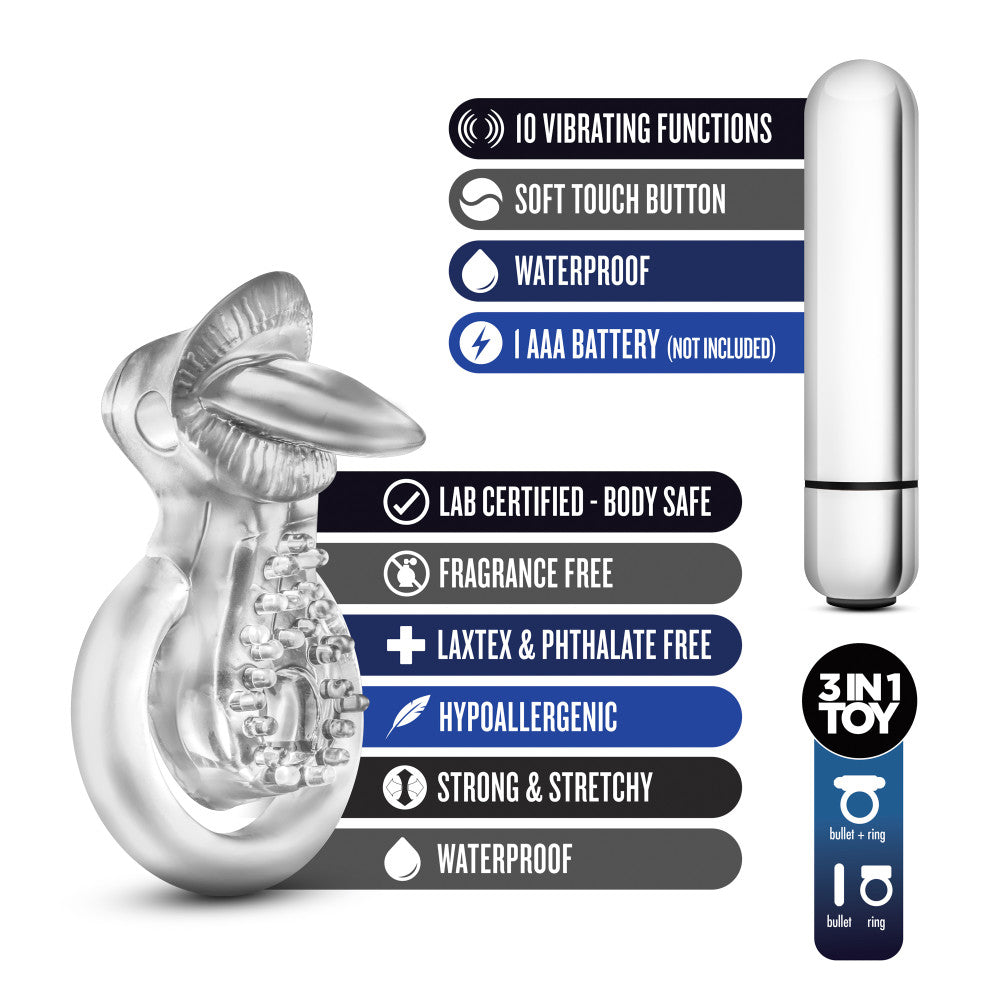 Stay Hard By Blush® | Tongue Ring: 3-In-1 Clear 10-Function Vibrating Penis Ring、mySite、bottomscart