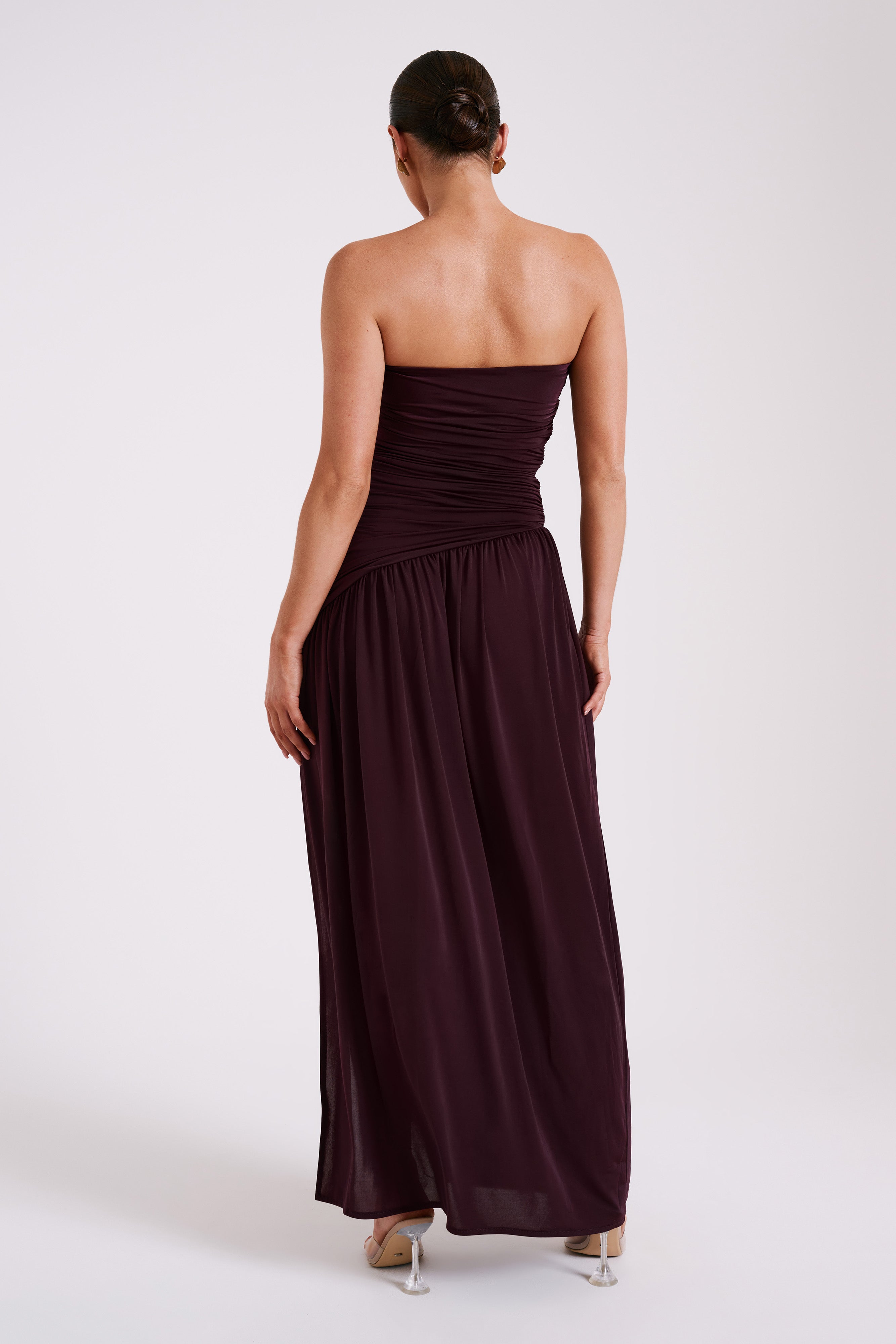 Bex Strapless Slinky Maxi Dress With Split - Burgundy、mySite、solidvoid