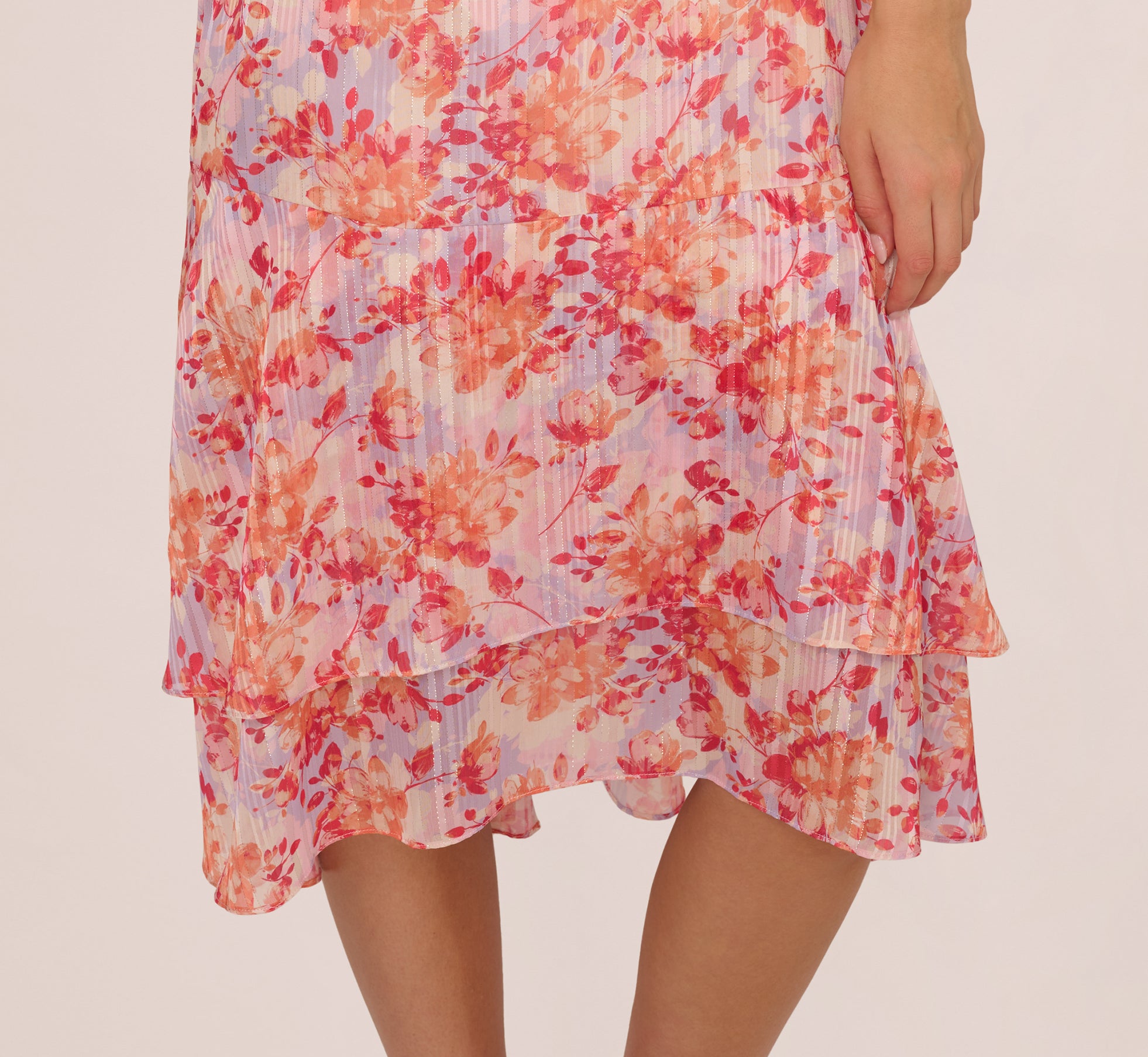 Flutter Sleeve Floral Stripe Flounce Midi Dress In Peri Coral Multi、mySite、solidvoid