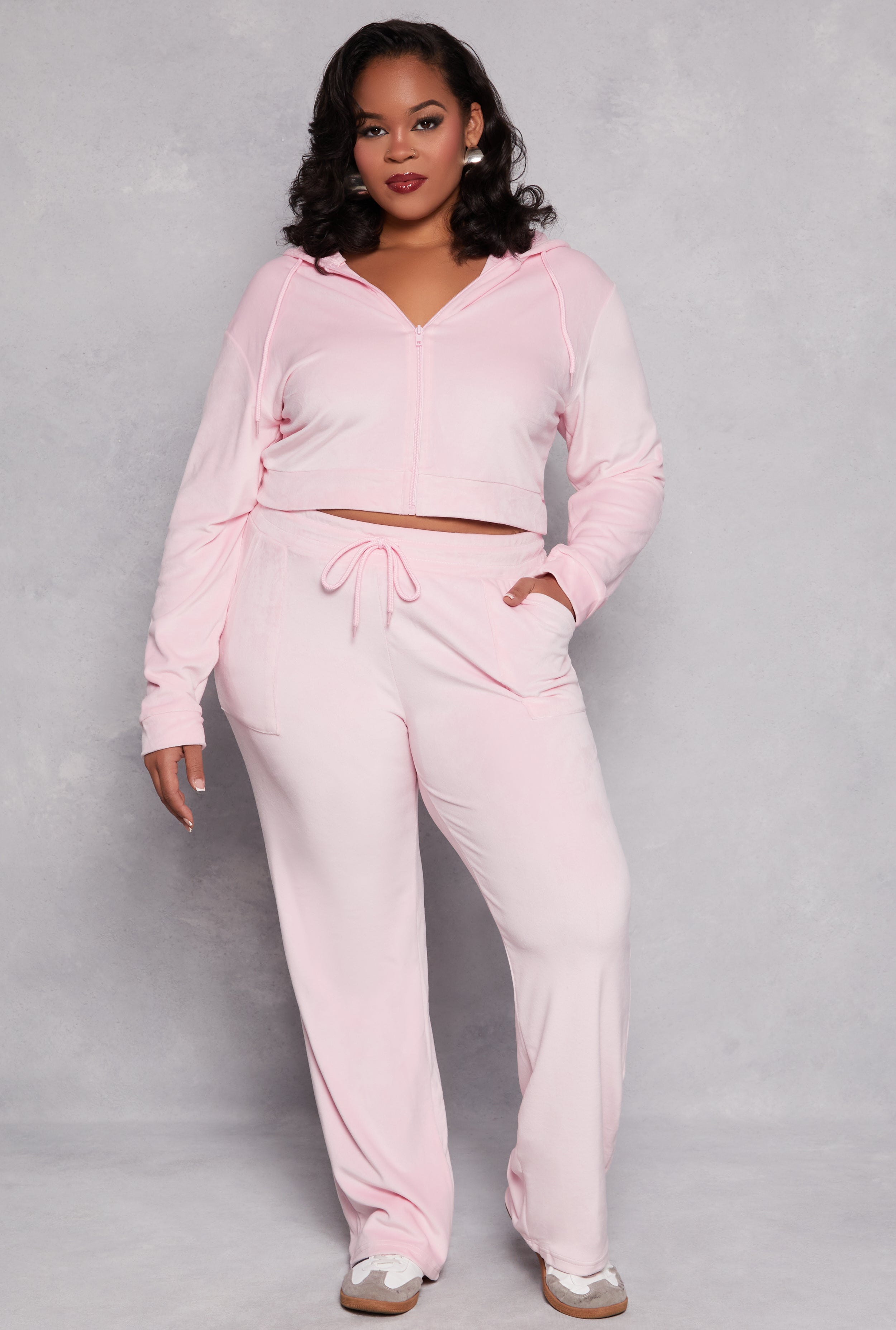 Plus Size Velour Zip Front Hooded Crop Top、mySite、camillekostekn