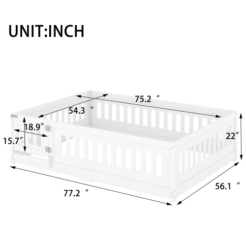 Twin Size Floor Bed with Heightened Safety Guardrails and Door, Solid Wood Bedframe with Rails for Girls, Boys, Teens, Child Bedroom, Kids Playroom, No Slats Included, White、、casual