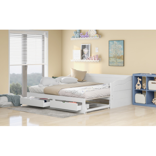 Wooden Daybed with Trundle Bed and Two Storage Drawers , Extendable Bed Daybed,Sofa Bed for Bedroom Living Room,White、、casual