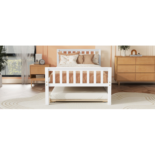 Twin Bed with Trundle, Platform Bed Frame with Headboard and Footboard, for Bedroom Small Living Space,No Box Spring Needed,White(New SKU:W504P148532)、、casual