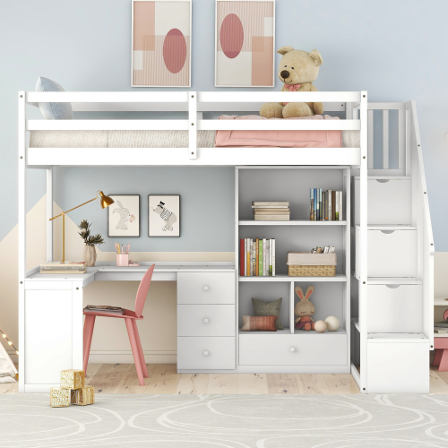 Twin Size Loft Bed with L-Shaped Desk and Drawers, Cabinet and Storage Staircase, White、、casual