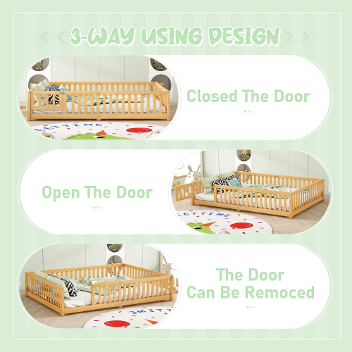 Twin Size Bed Floor Bed with Safety Guardrails and Door for Kids, Natural(Old SKU: W158090686)、、casual