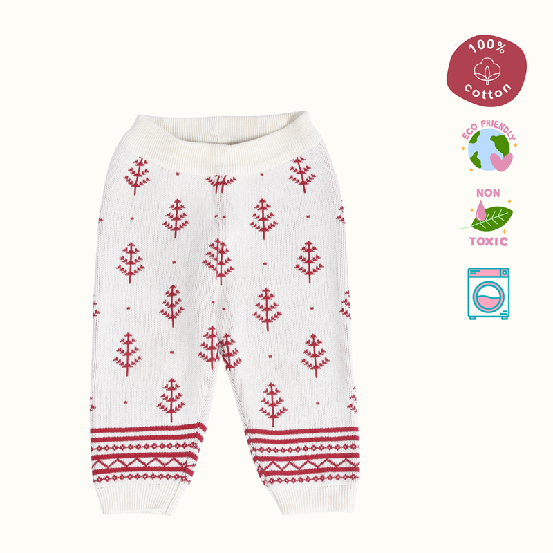 Cotton Reindeer Jacquard Sweater, Lower & Cap Set | Printed | Red & Pink | Set of 3、mySite、camillekostekn