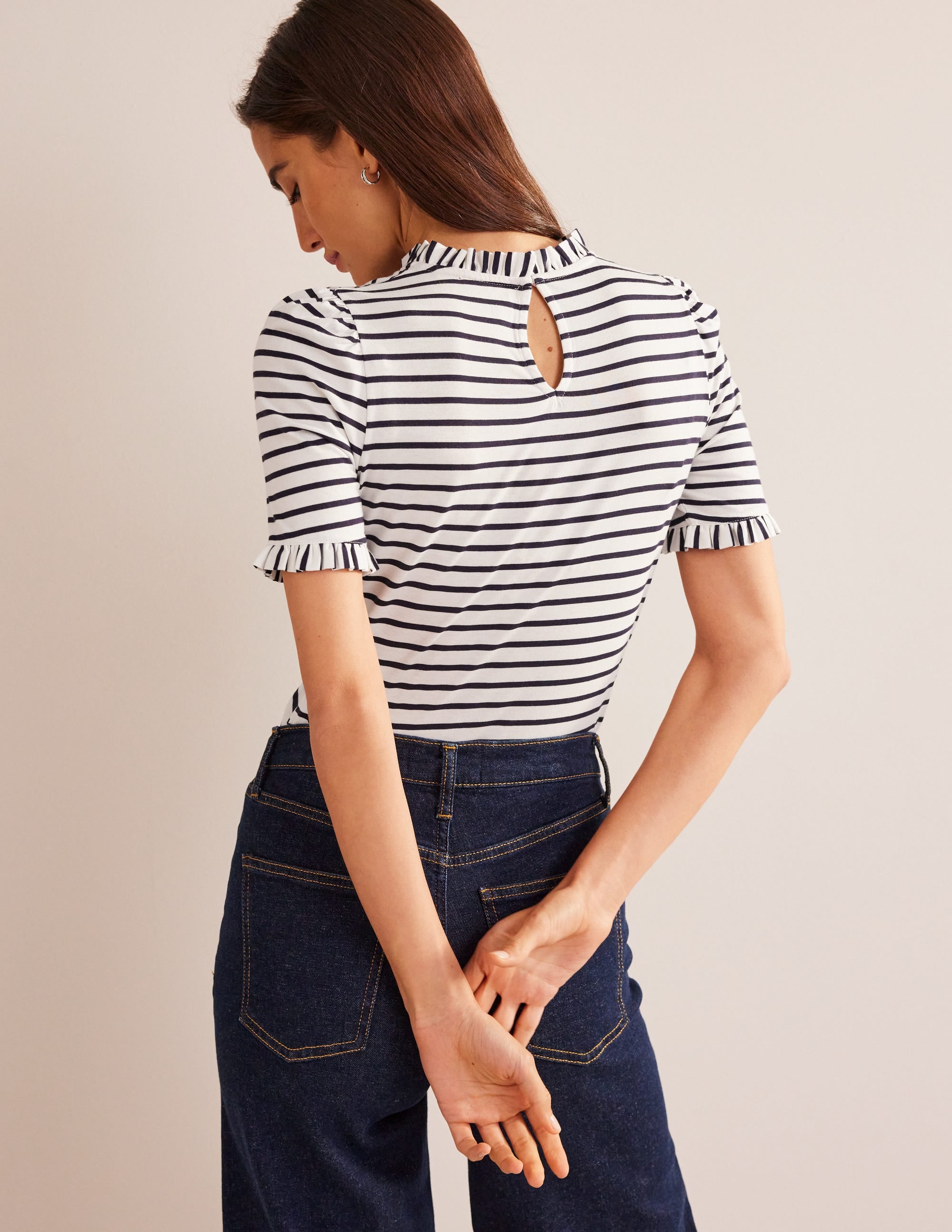  Supersoft Frill Detail T-shirt-Ivory, Navy Stripe、mySite、ashleygrahame